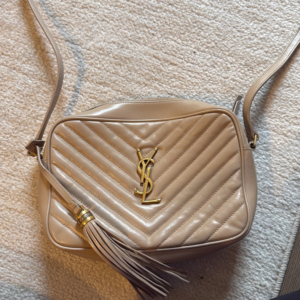 YSL tan quilted leather shoulder bag with tassel